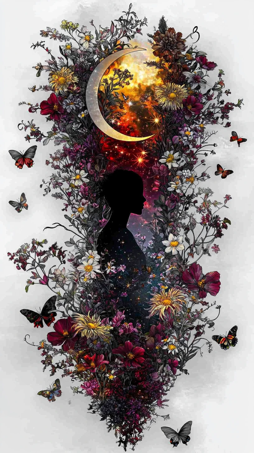 Feminine Silhouette im himmlischen Blumen­garten – Illustration