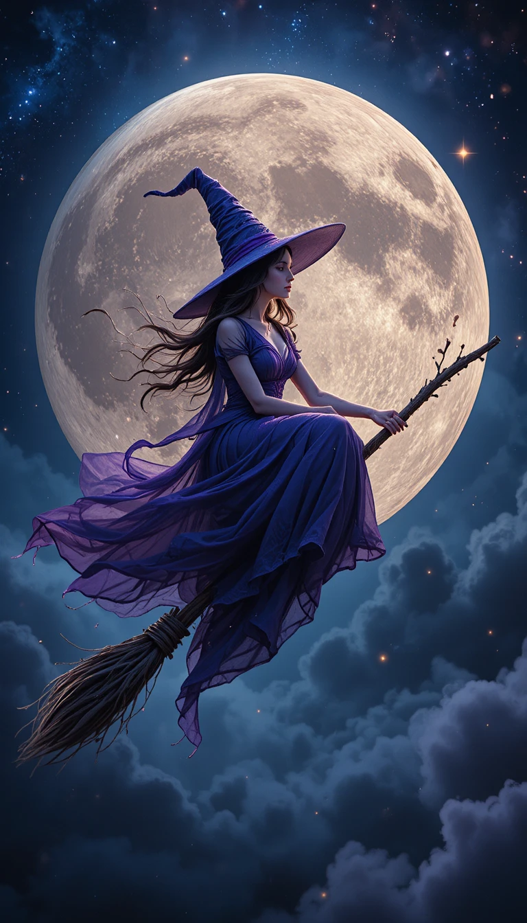 Witch flying on a broom across the glowing full moon
