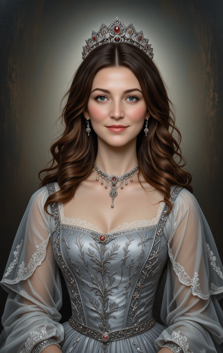Retrato em estilo renascentista de uma nobre em vestido prateado