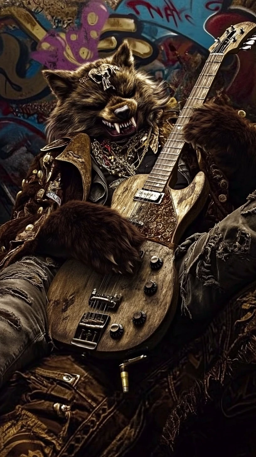 Criatura rockstar antropomórfica em um vibrante cenário urbano de grafite