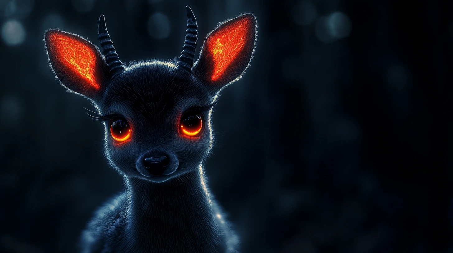 Schattenkitz mit leuchtenden Augen im Dark-Fantasy-Porträt