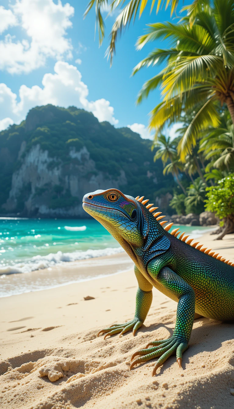 Colorful lizard on a bright tropical beach shoreline