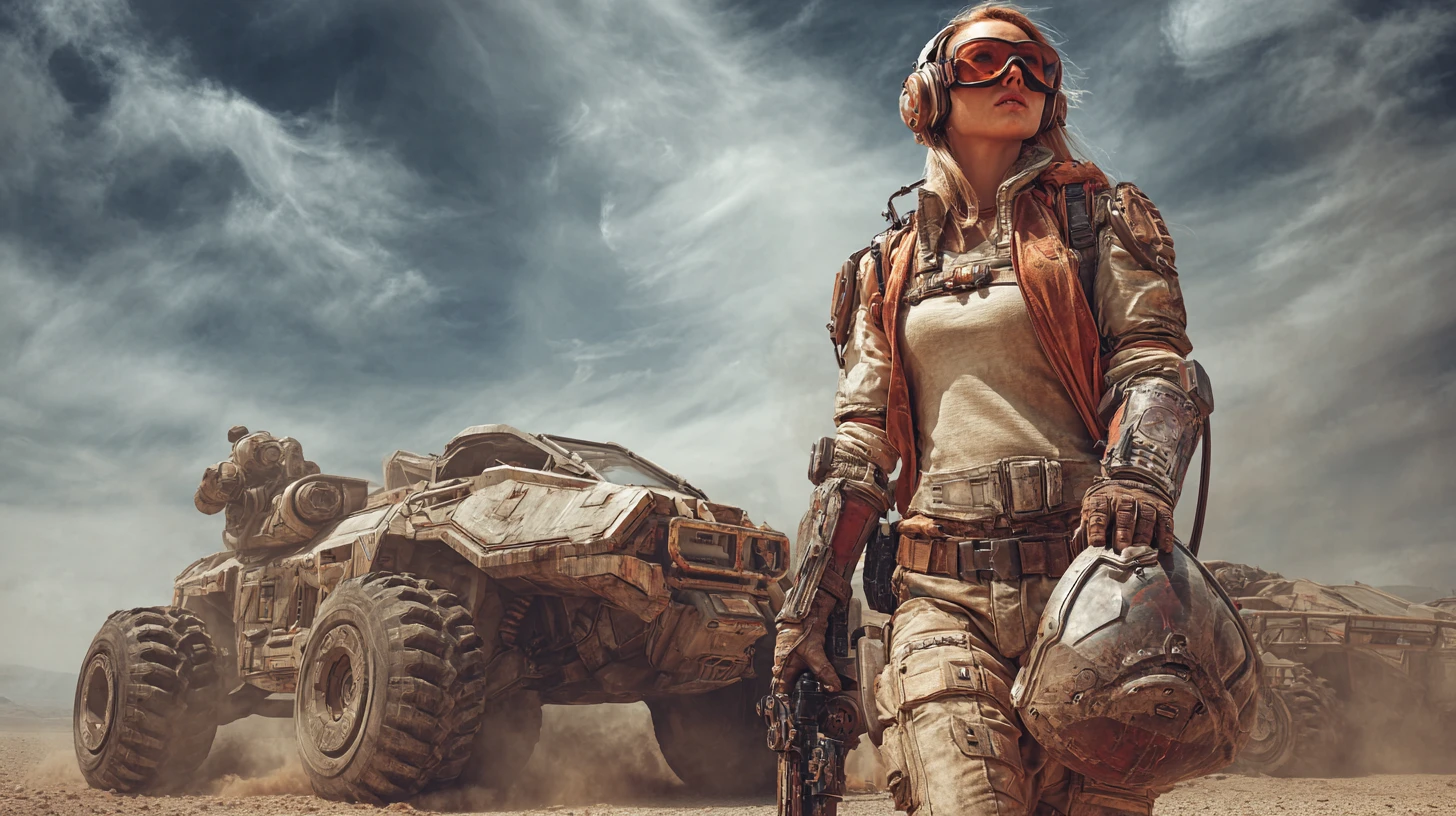 Young woman and father on dying earth seeking escape