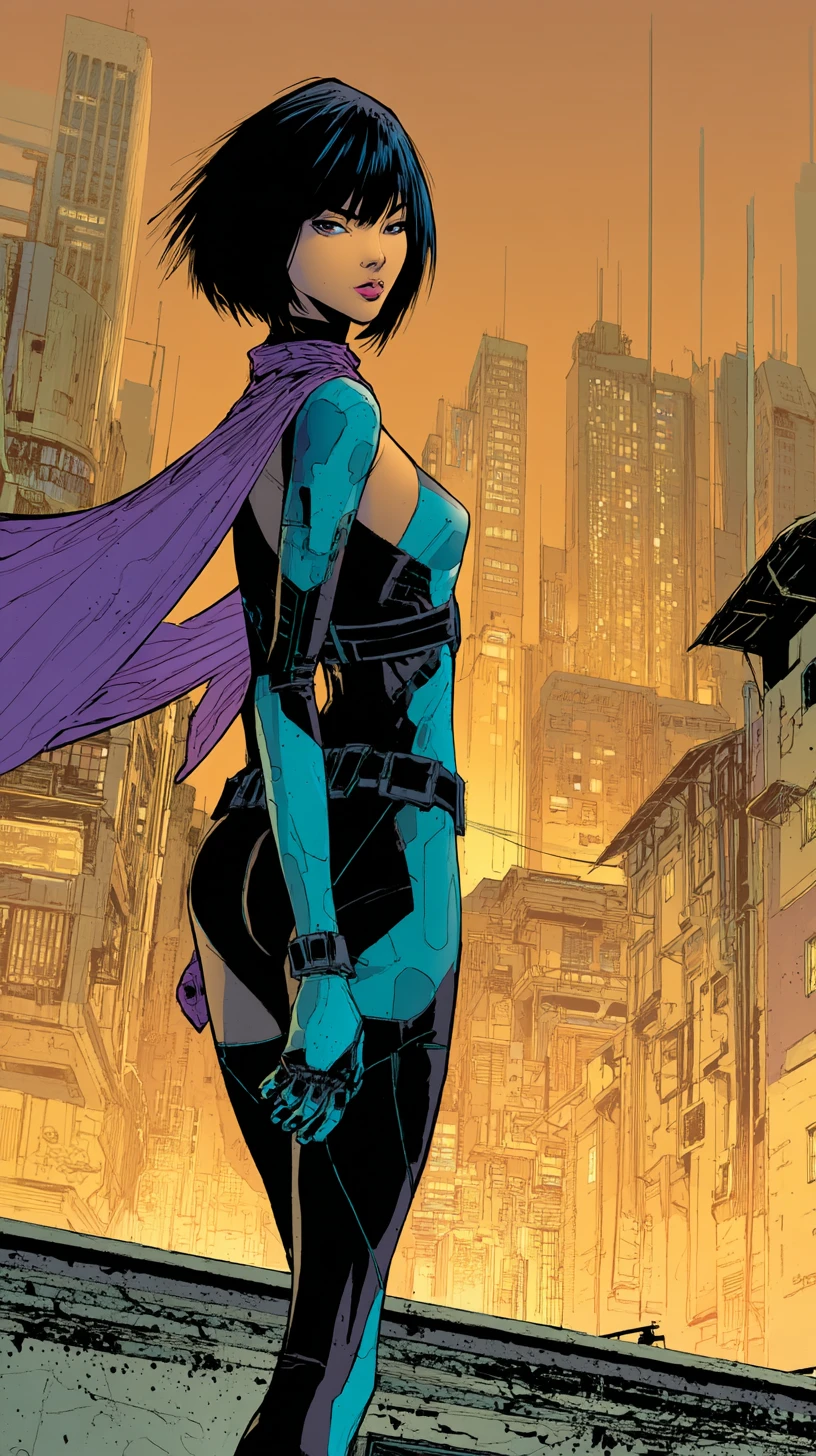 Confident heroine on a sunlit city rooftop at golden hour