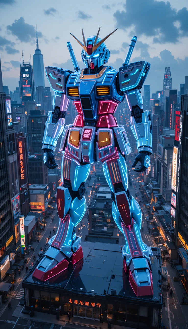Neon-holografische riesige Roboterstatue über der Stadt Tokio