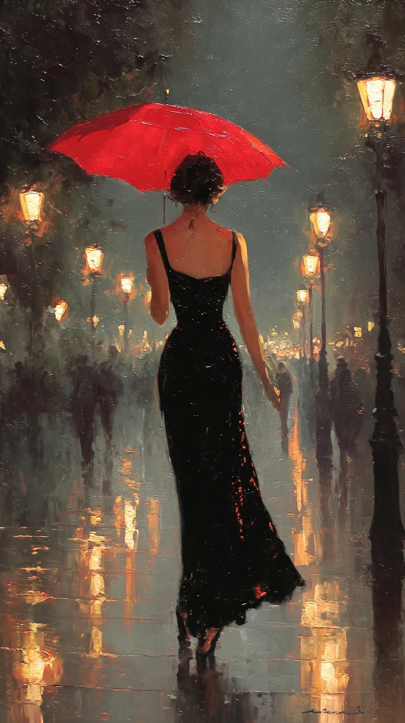 雨夜街燈下獨自行走的女子