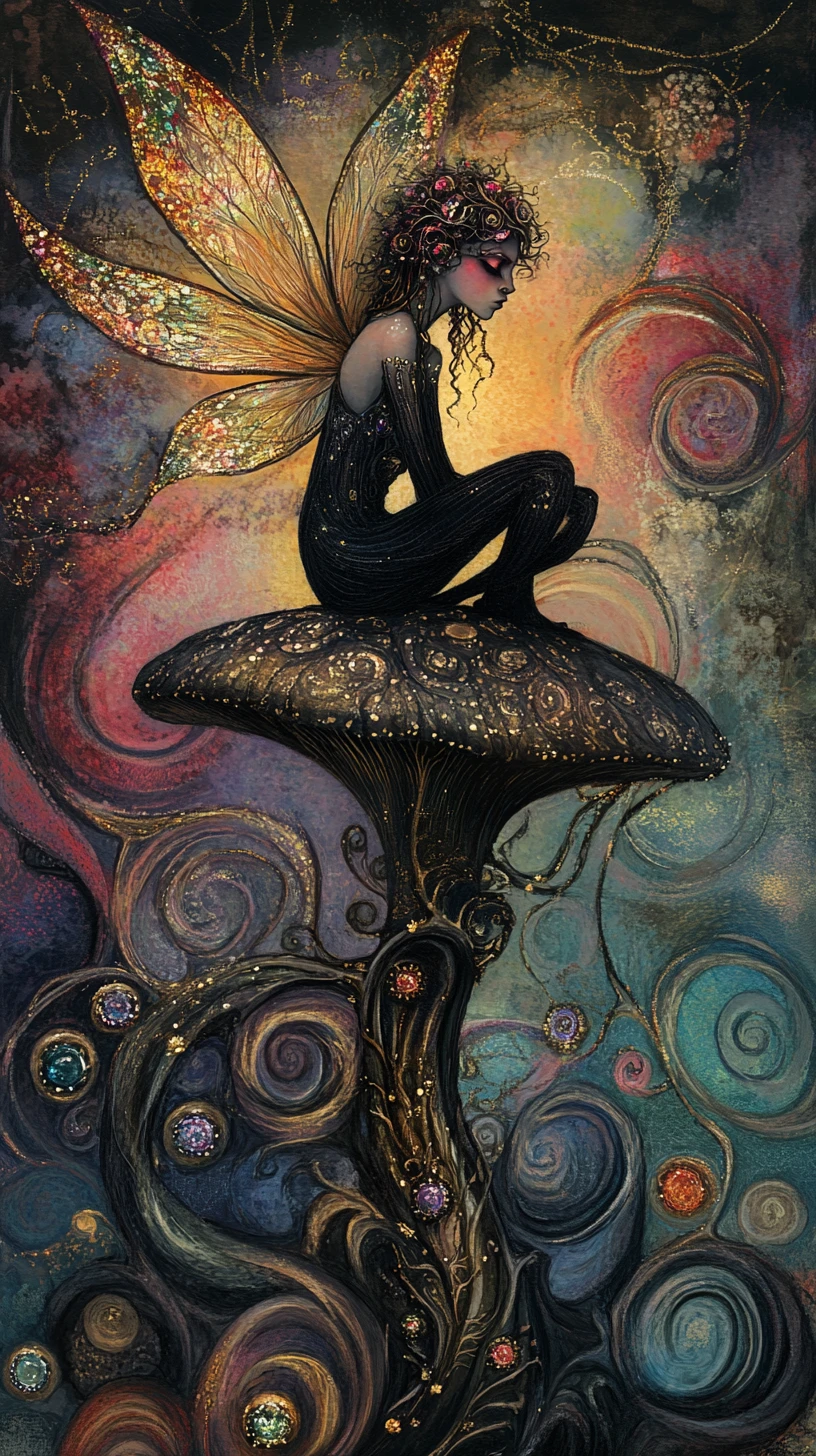 Dark faerie on twisted mushroom in swirling surreal colors