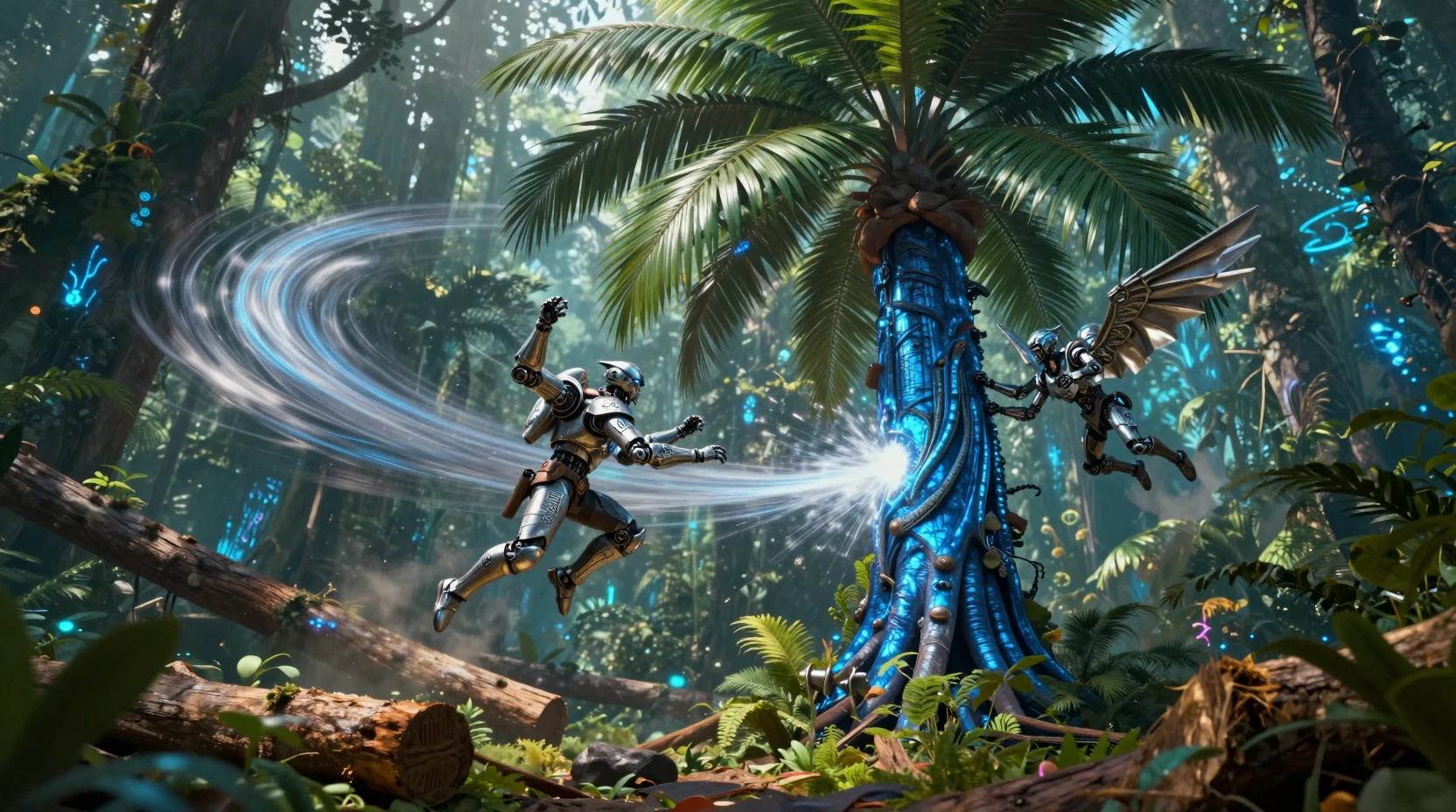 Guerreiros futuristas desviam de uma impressionante árvore de selva azul metálica