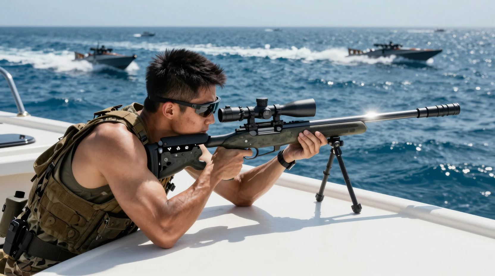 Sniper visant depuis le toit d’un yacht en pleine mer