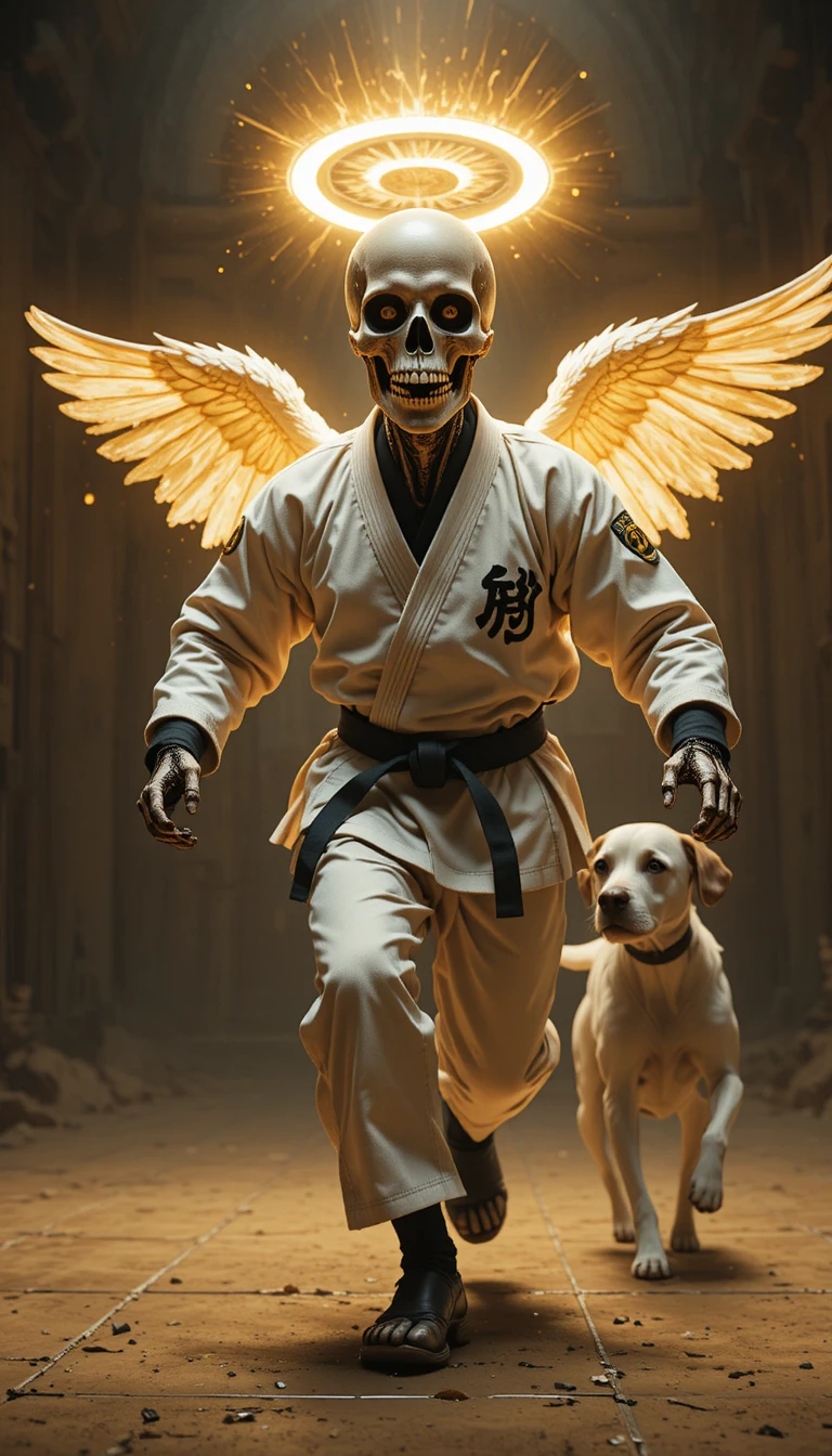 Esqueleto de caratê com halo sendo perseguido por cachorro maltês no dojo