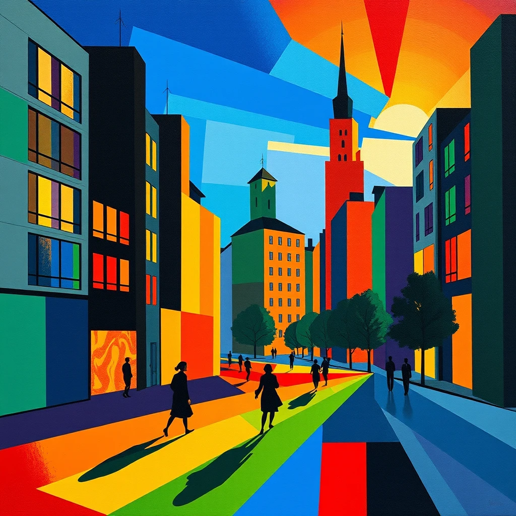 Vibrant abstract cityscape with rhythmic geometric architecture