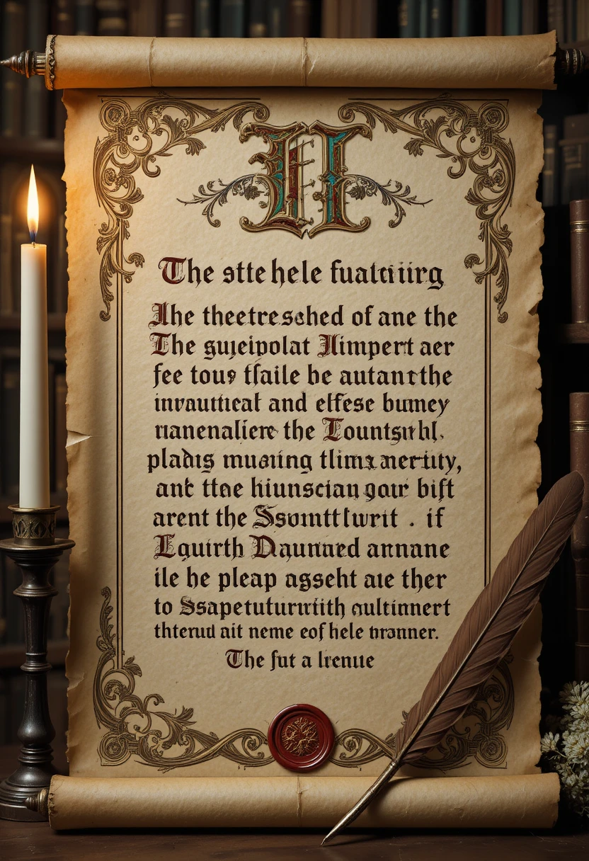 Pergaminho iluminado medieval com bordas ornamentadas e selo de cera