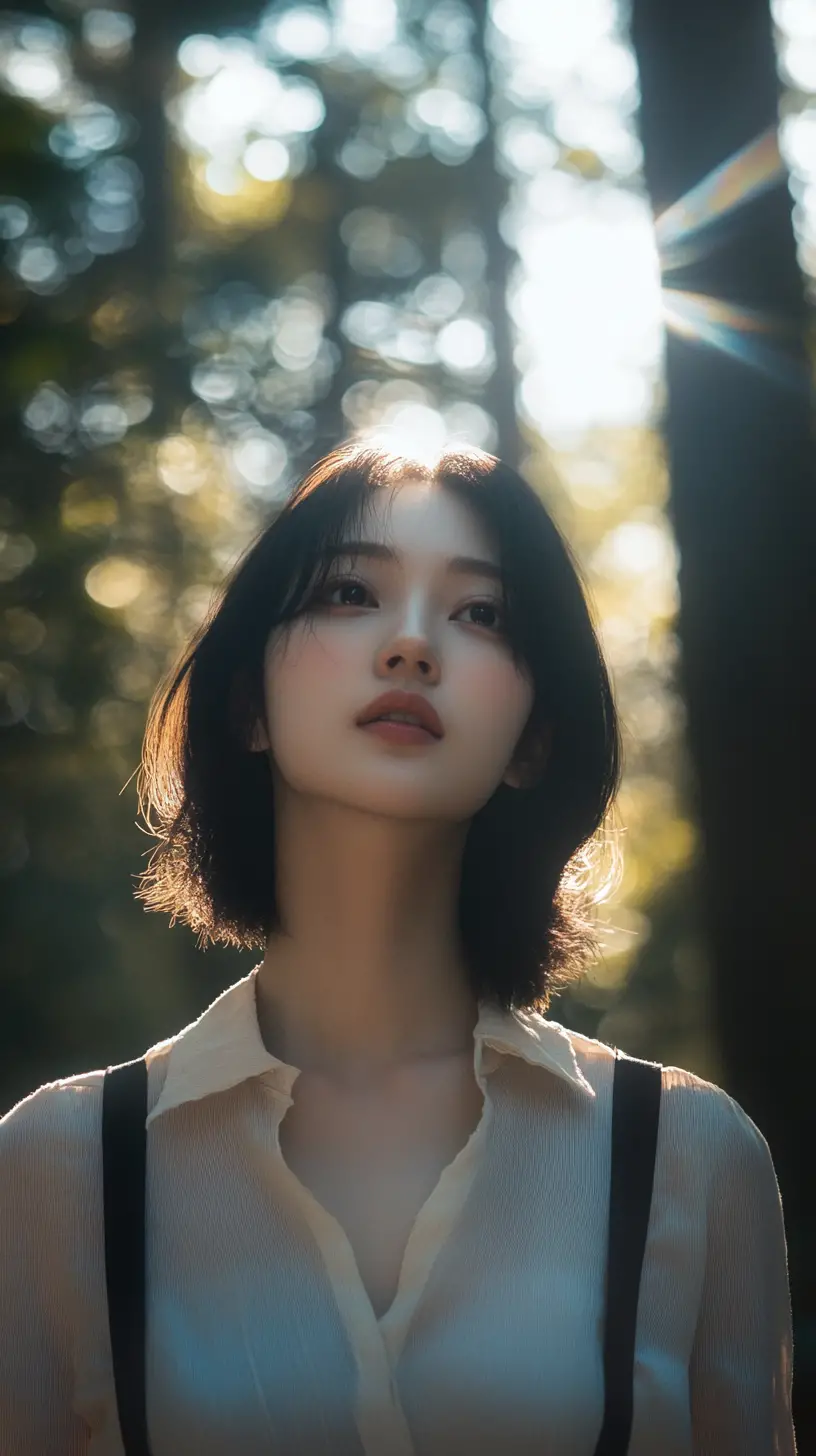 Mujer asiática volteando en un retrato cinematográfico en el bosque