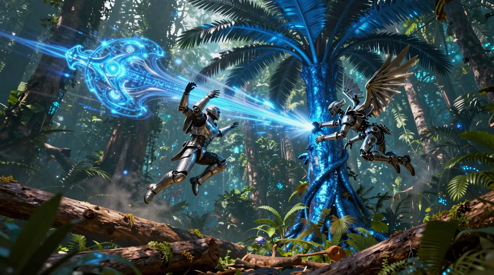 Guerriers futuristes esquivant un arbre métallique violent dans la jungle