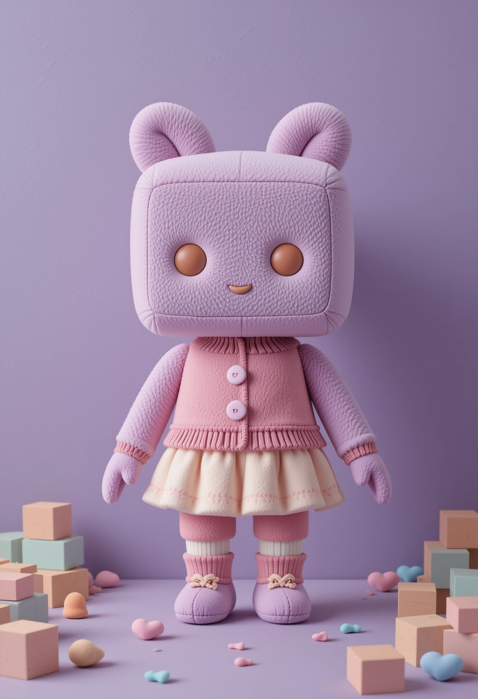 やわらかなラベンダー背景のキュートな幾何学プラッシュキャラクター