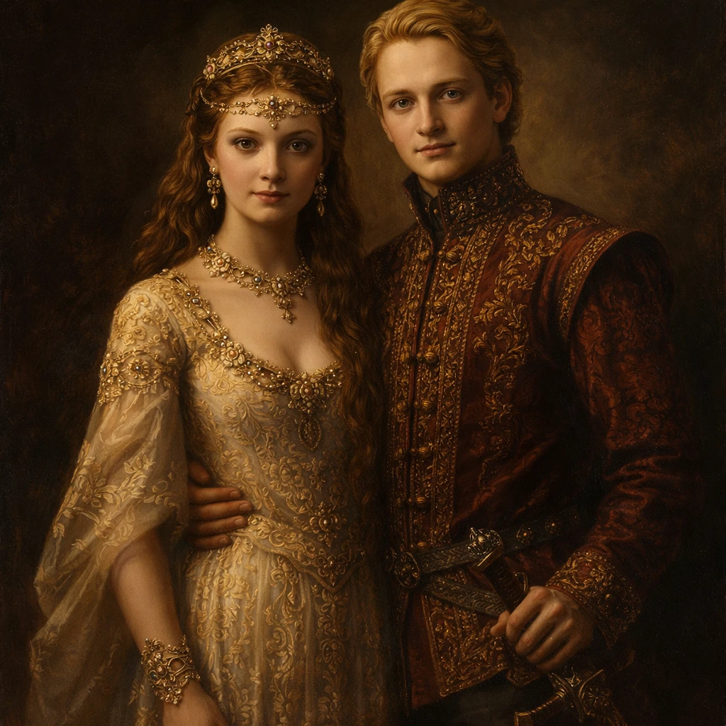 Jovem casal real em retrato dramático de estilo renascentista