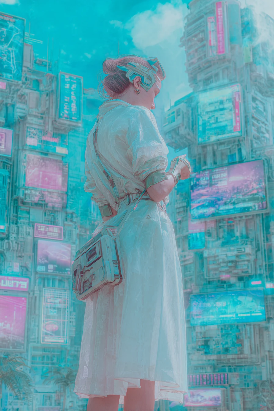 Femme fatale walking through neon dystopian city ruins