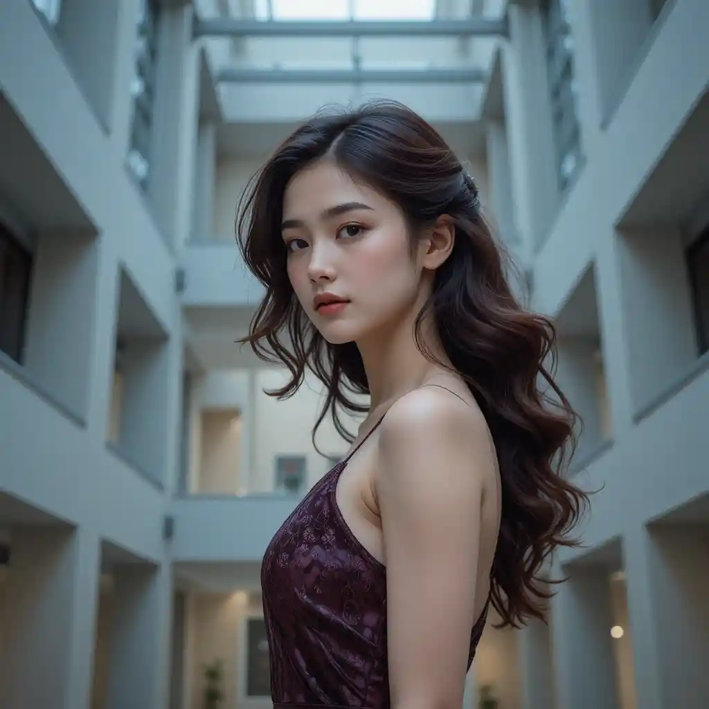 브루탈리즘 중정에 선 시스 드레스를 입은 세련된 한국 여성