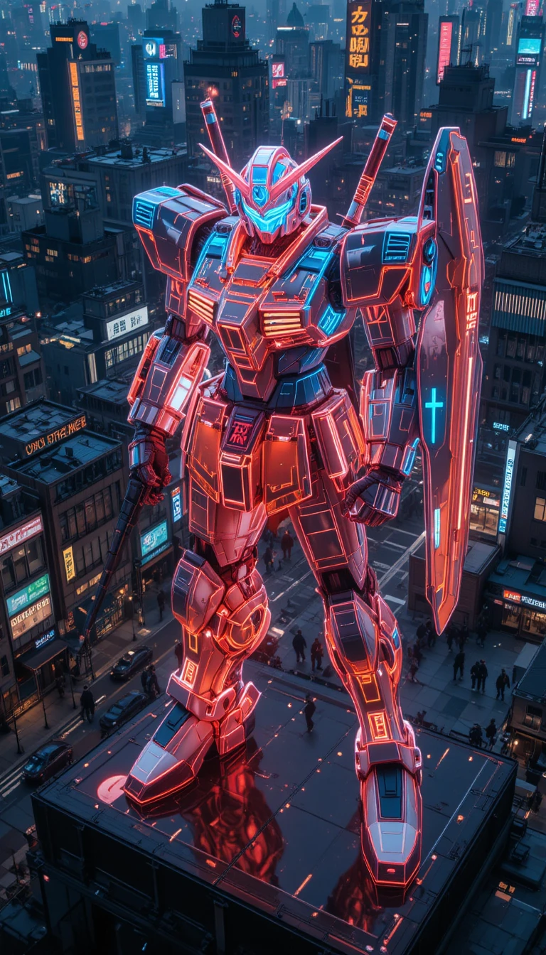 Neon-Hologramm-Statue eines riesigen Roboters über der Stadt Tokio