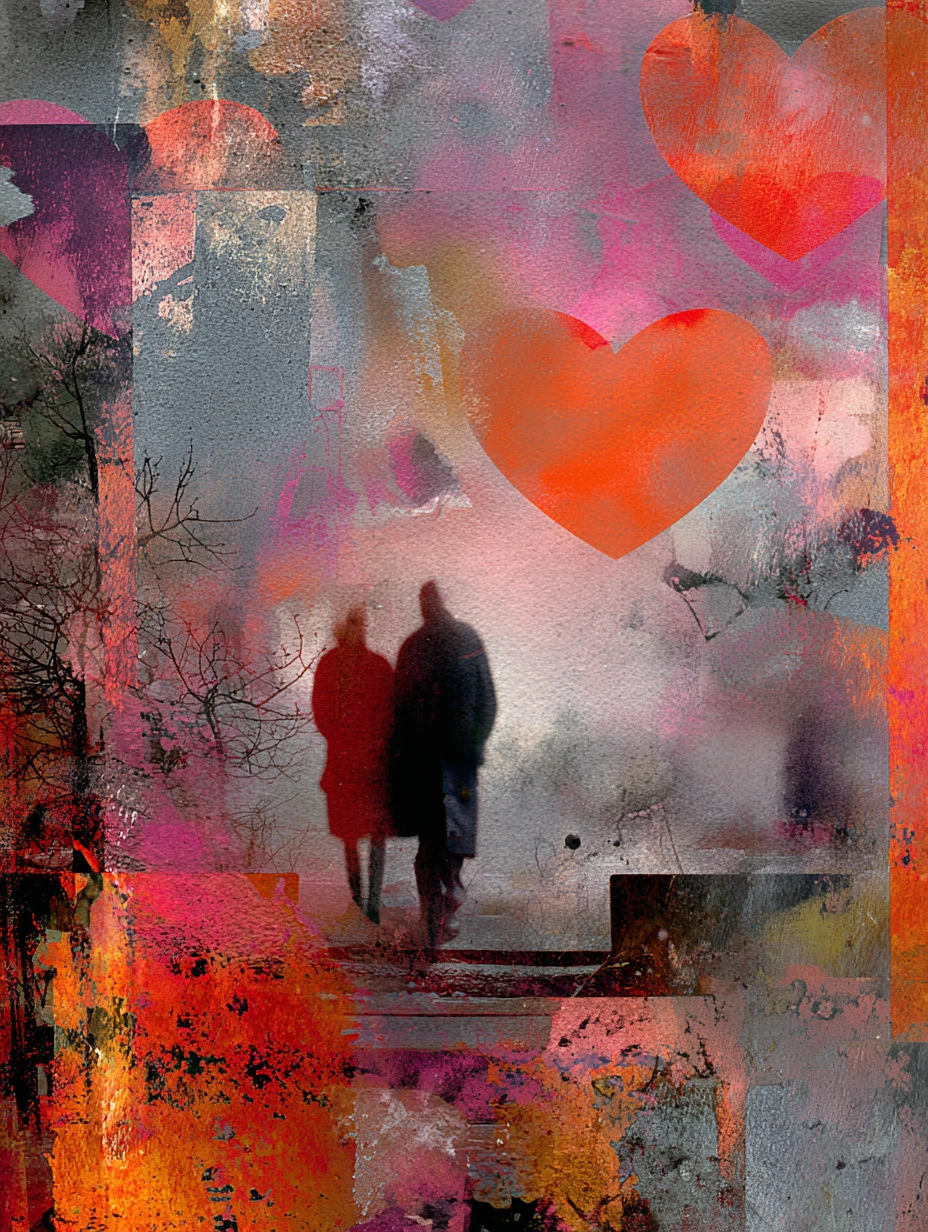 Surreal Heartscape in warmen, risografisch inspirierten Farben