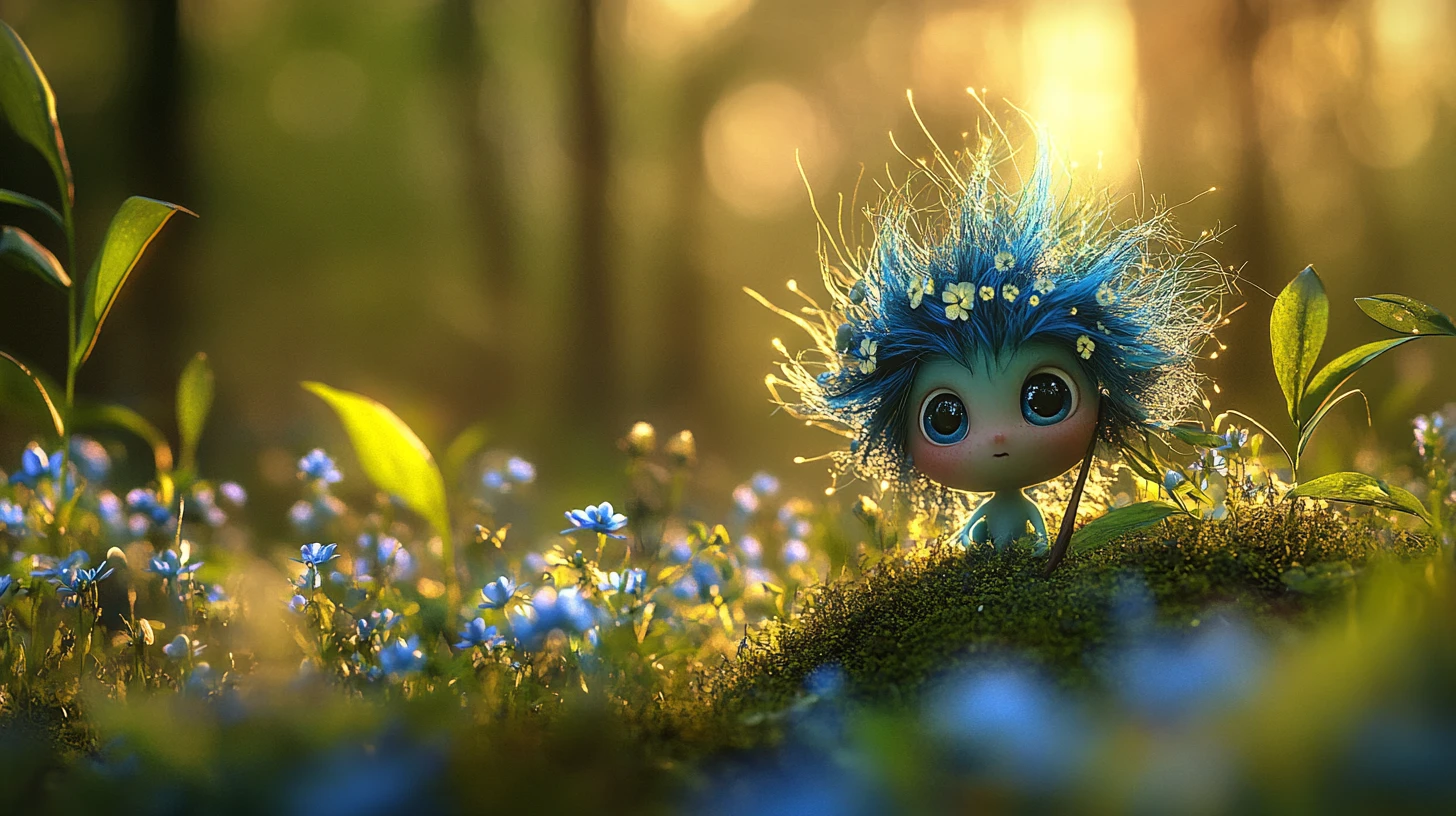 Tiny blue haired fantasy creature in a glowing forest