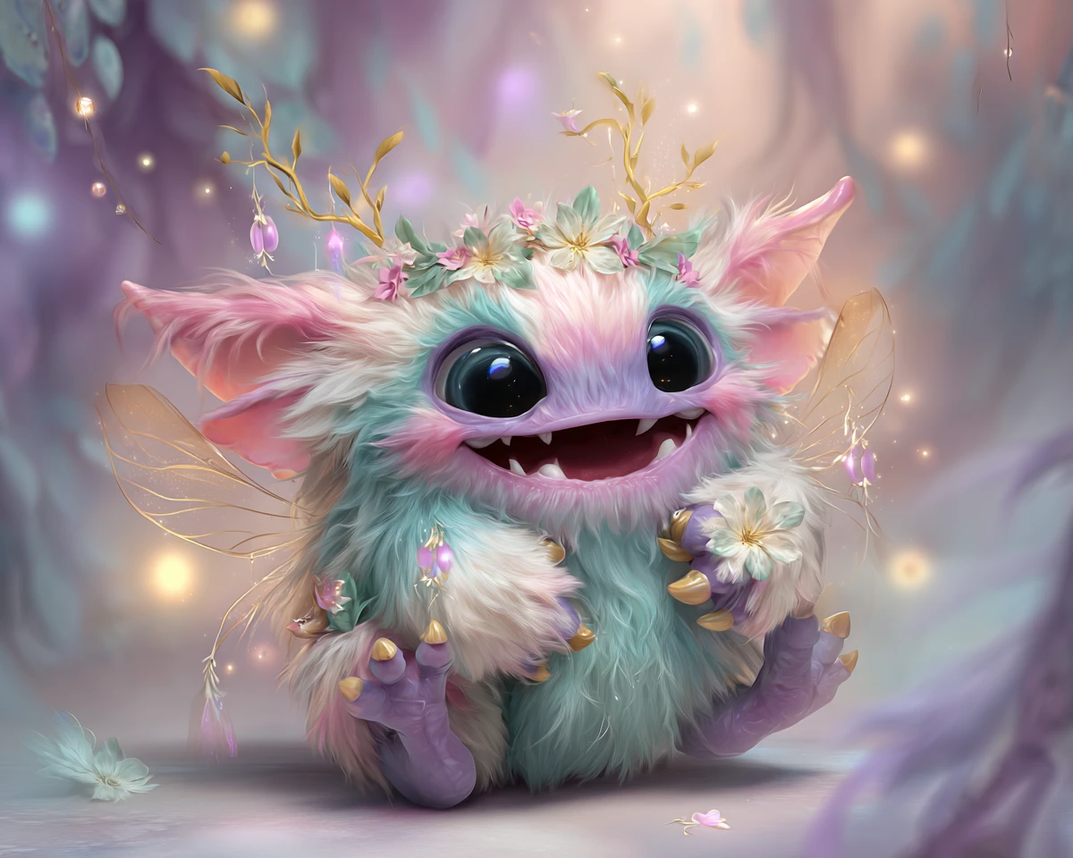 Hada chibi abrazando a un monstruo pastel juguetón