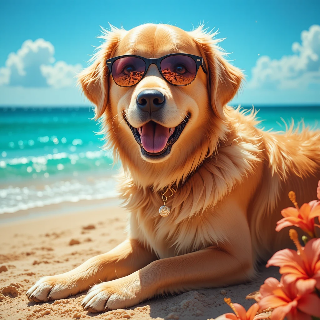 Golden retriever de óculos de sol relaxando na praia ensolarada