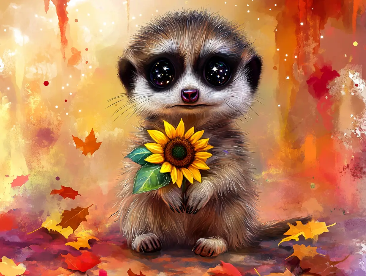 Cute baby meerkat holding sunflower in autumn watercolor scene