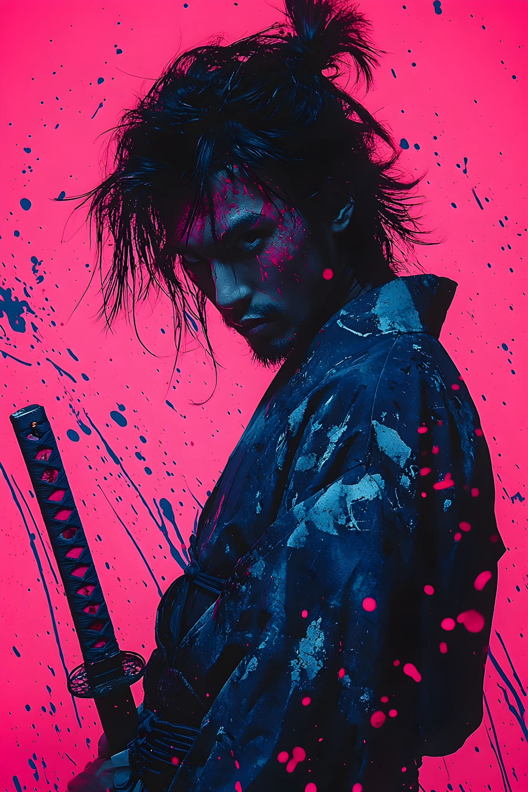 Portrait de samouraï moderne en kimono bleu avec katana