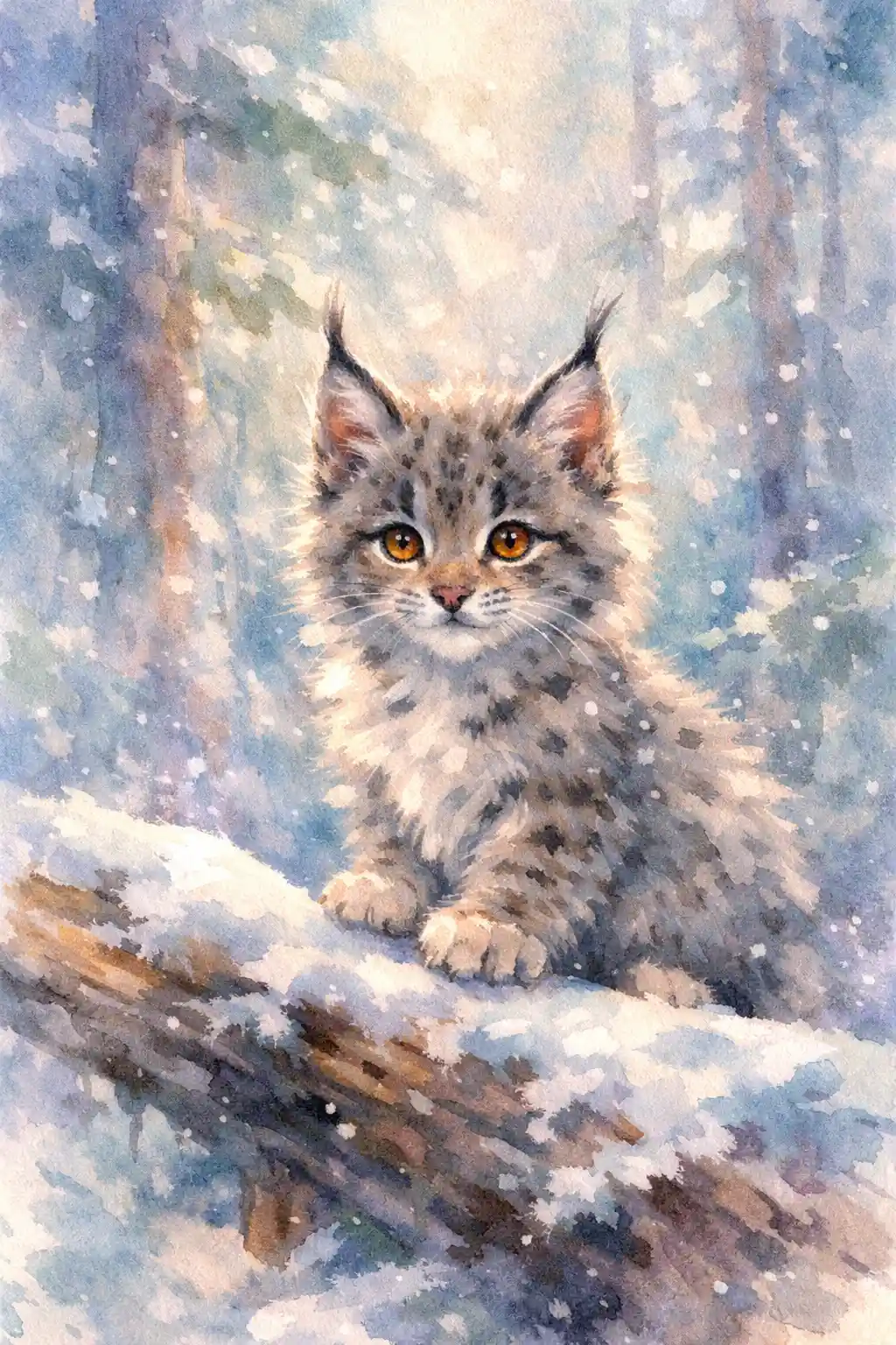 Baby-Luchs-Kätzchen auf verschneitem Baumstamm im ruhigen Winterwald