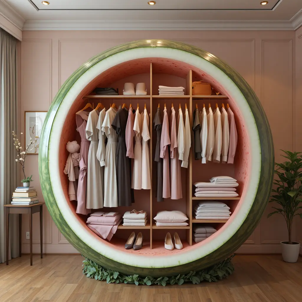 Armoire pastèque hyperréaliste dans une chambre moderne et cosy