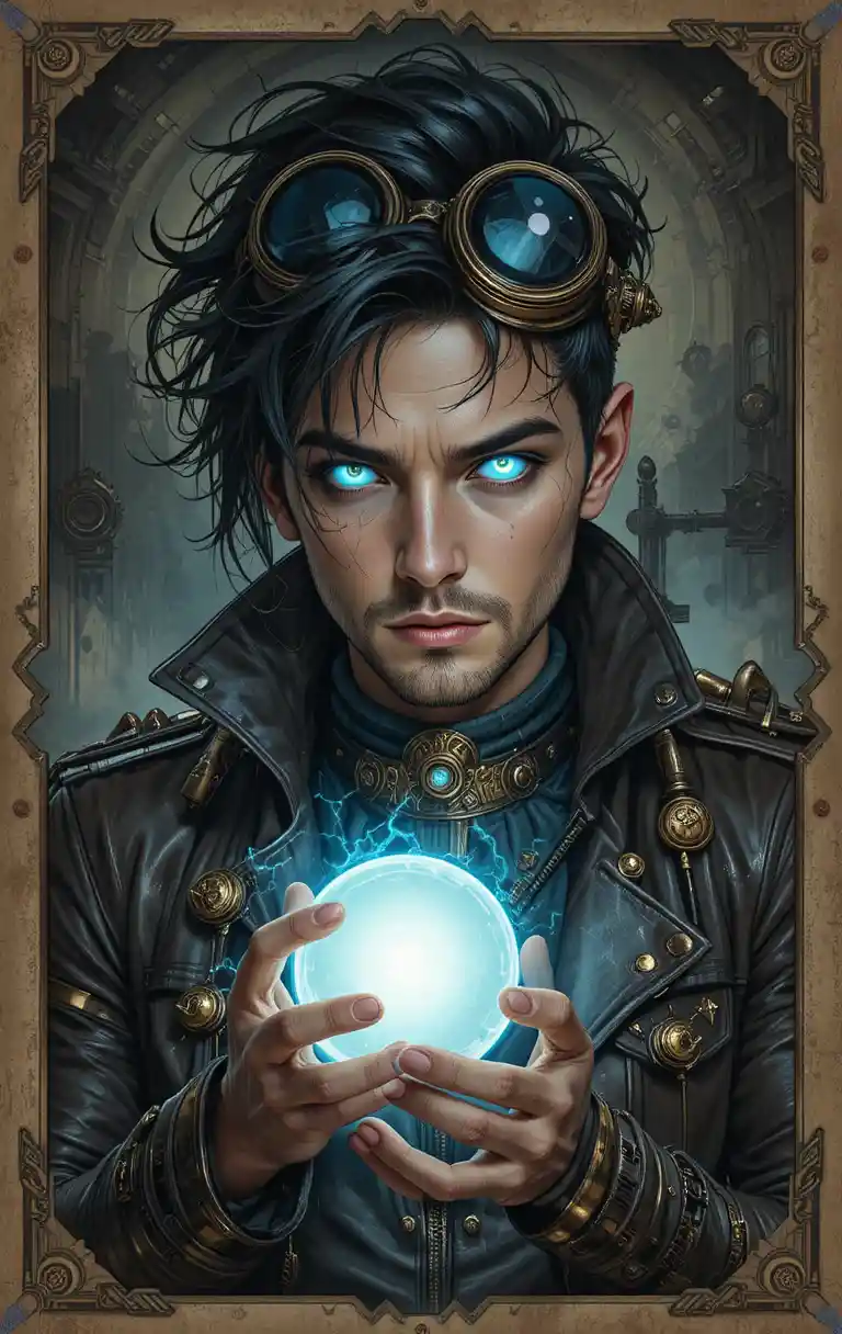 Uomo steampunk con occhi blu luminosi che tiene in mano un globo magico