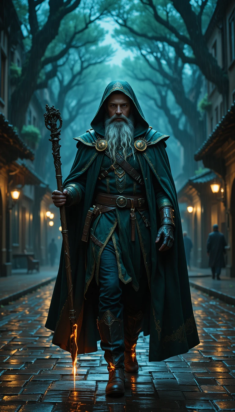 Cineastischer grauhaariger Zauberer, der durch eine regnerische Fantasiestadt geht