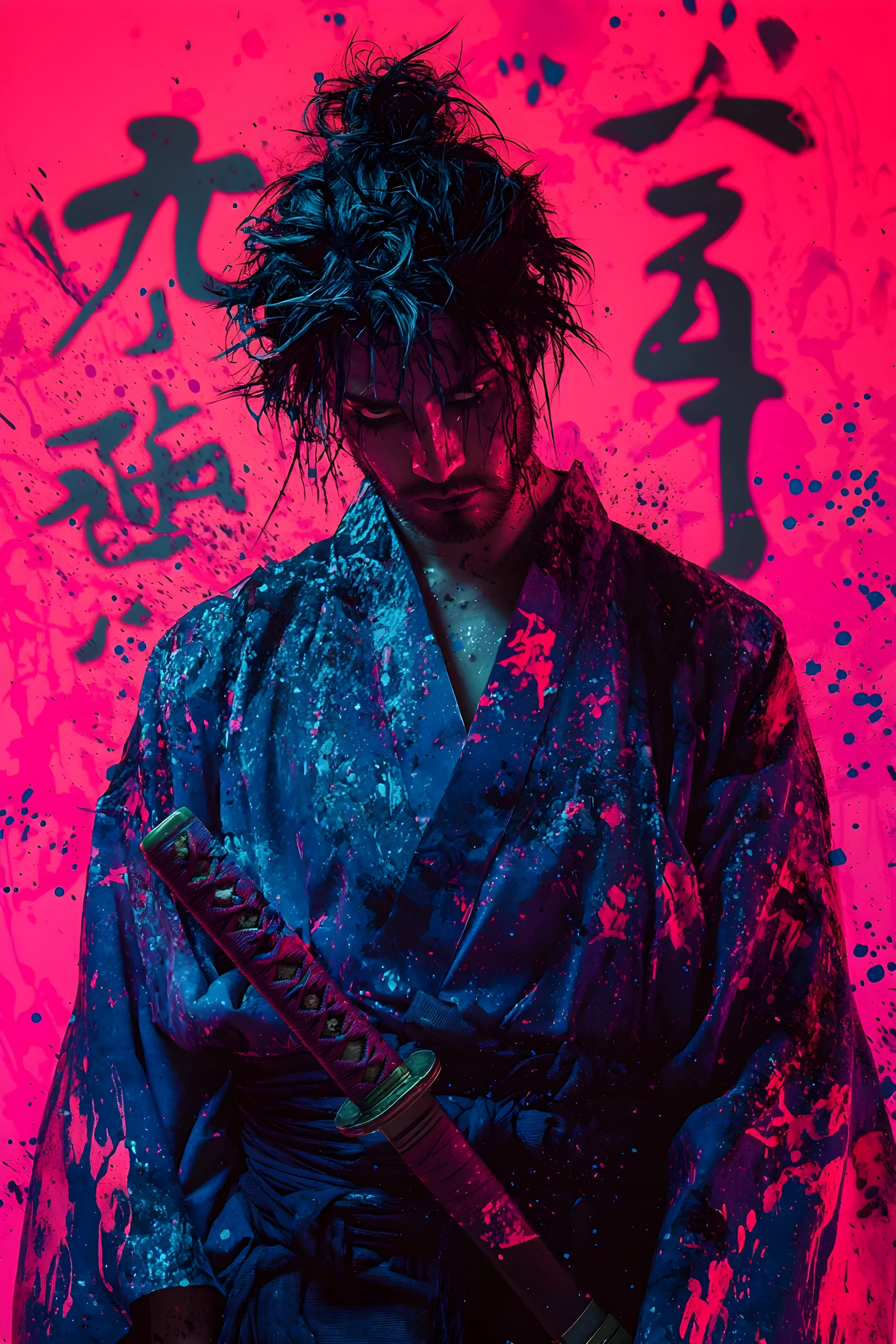 Portrait de samouraï moderne masculin avec fond abstrait néon rose