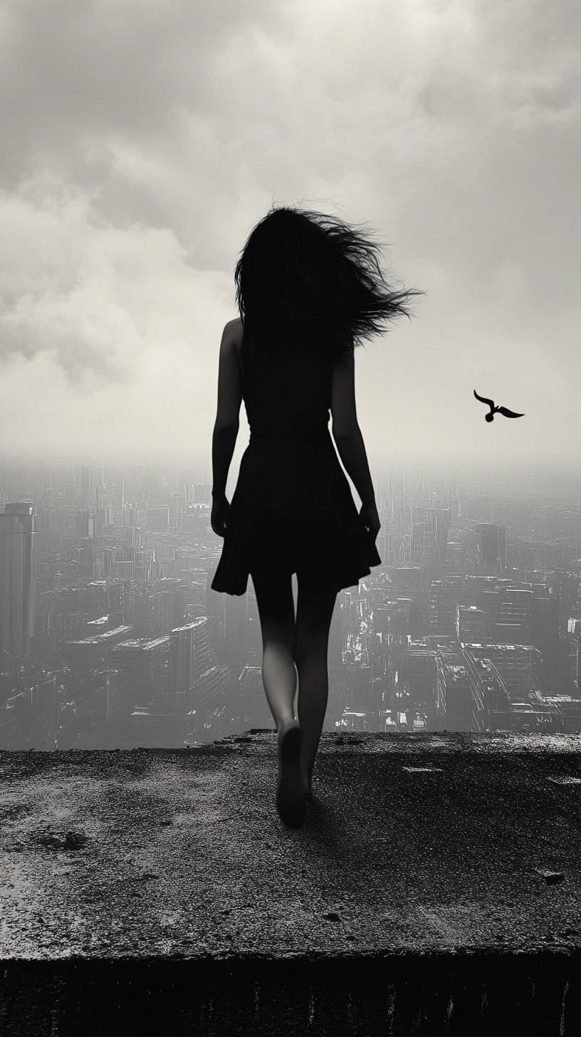 Femme sur le rebord d’un toit au-dessus d’une vaste ville dystopique