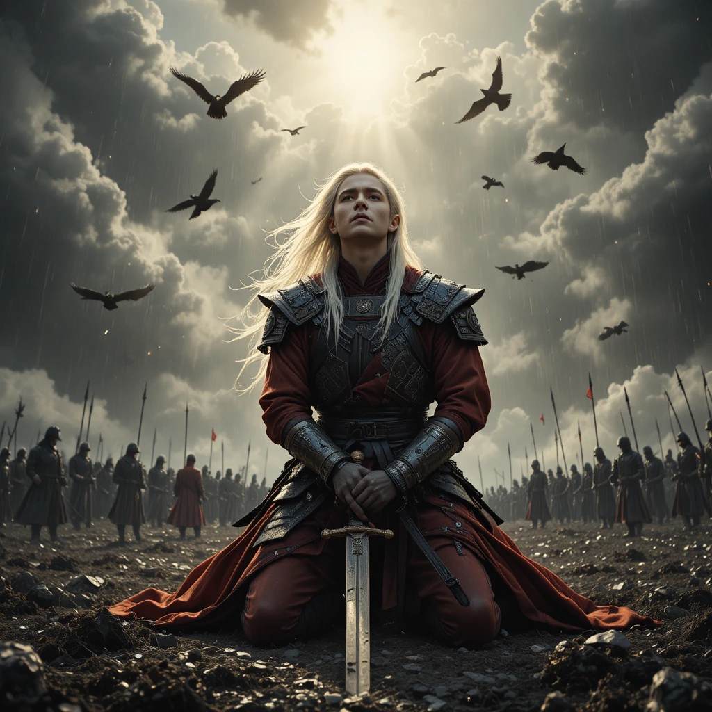 Prince de fantasy à genoux sur un champ de bataille désolé