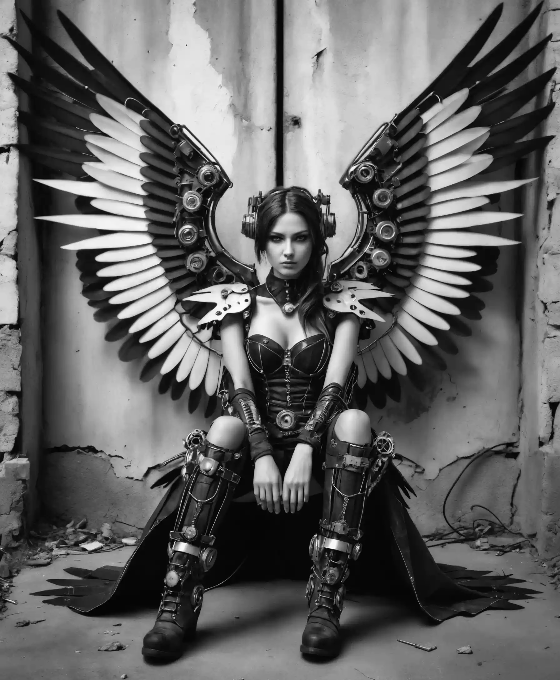 Femme cyber steampunk aux ailes mécaniques contre un mur