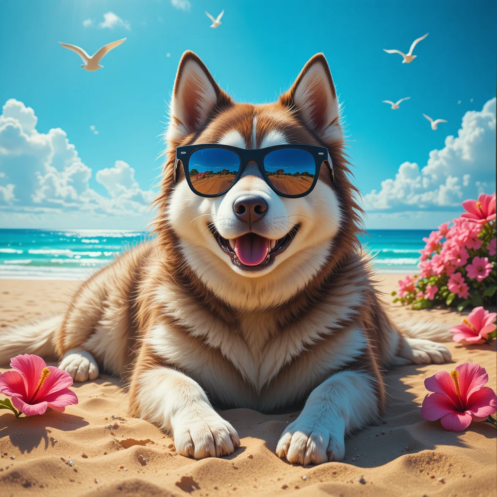 Husky gordinho de óculos de sol relaxando em uma praia ensolarada