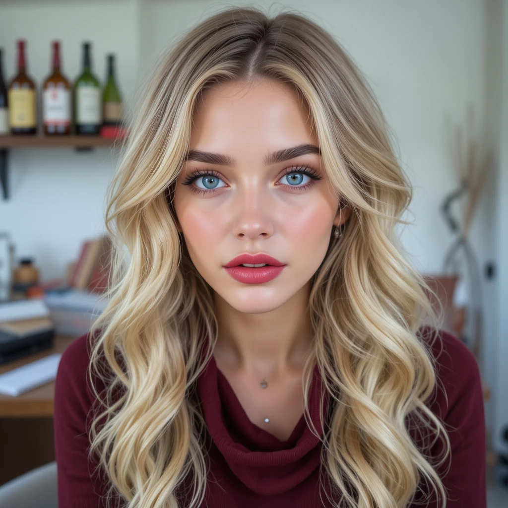 Blonde woman in burgundy top with soft flirtatious gaze