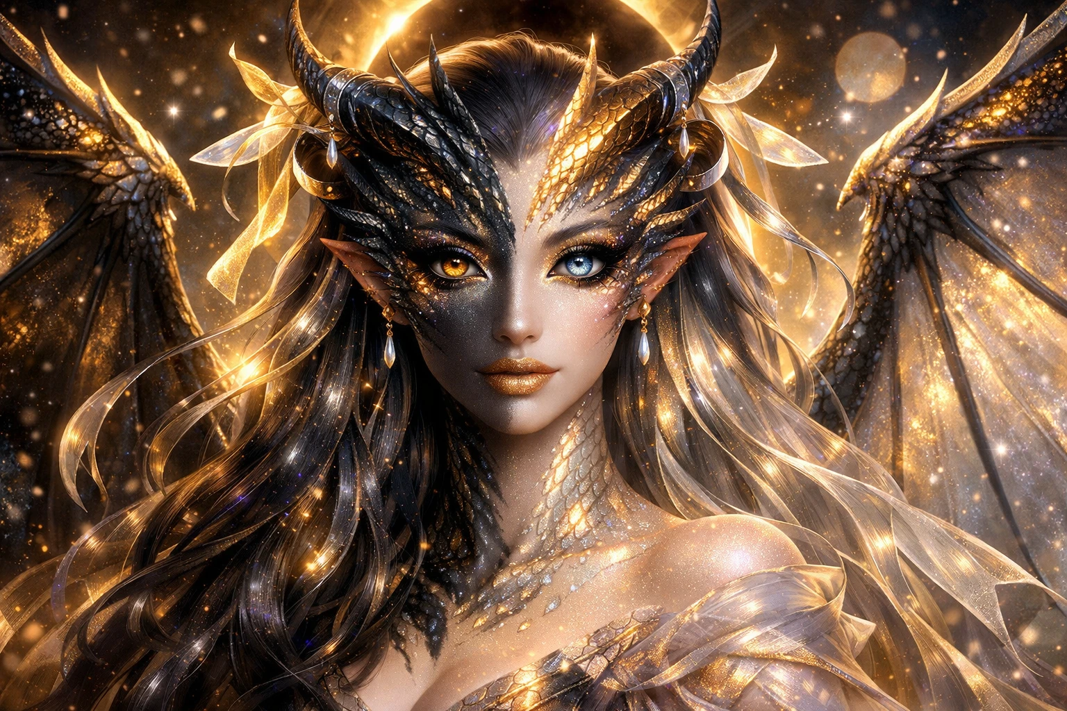 Dea drago eterea dell’eclissi in ritratto fantasy luminoso