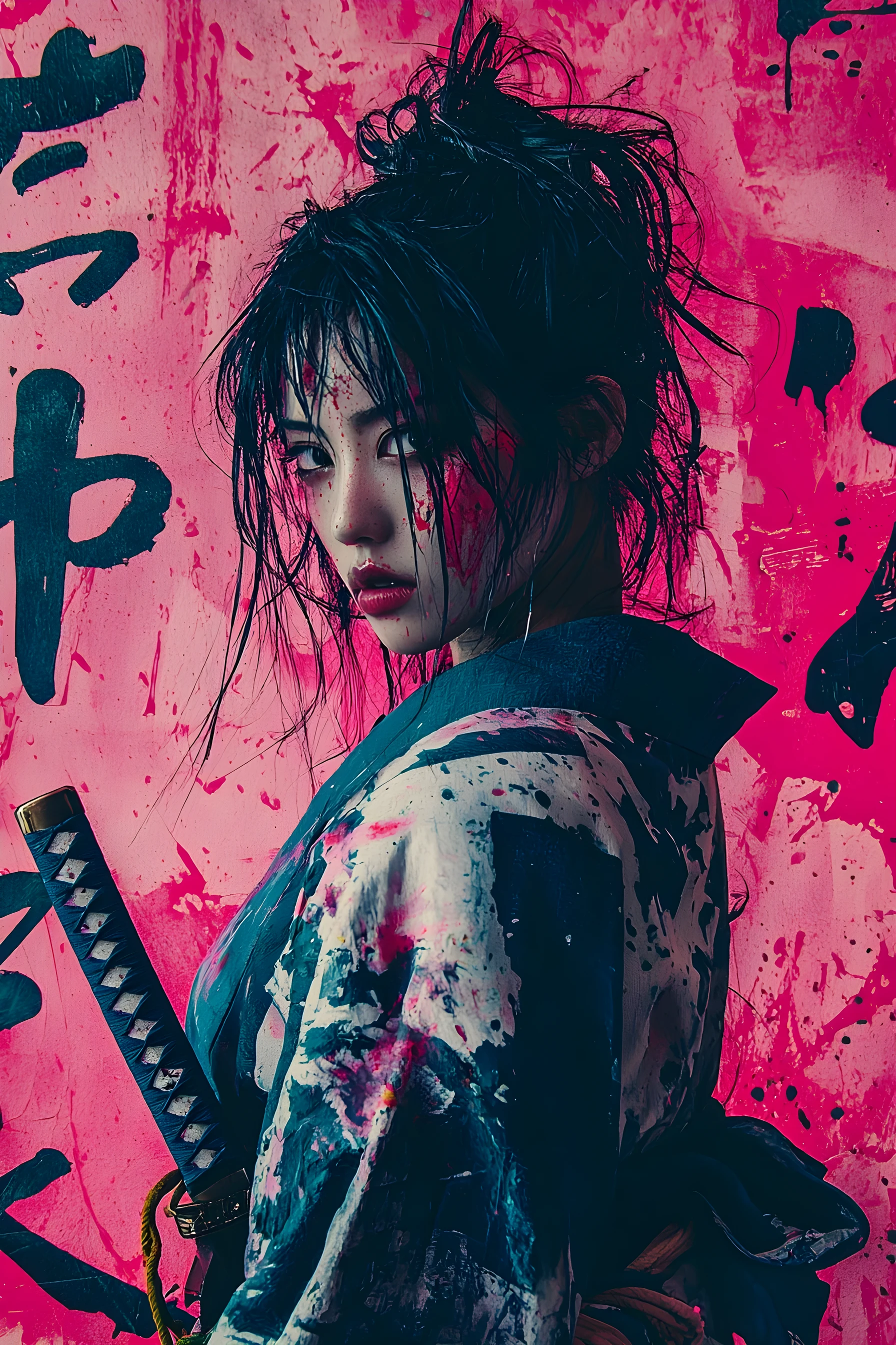 Portrait de samouraï moderne avec katana et calligraphie néon