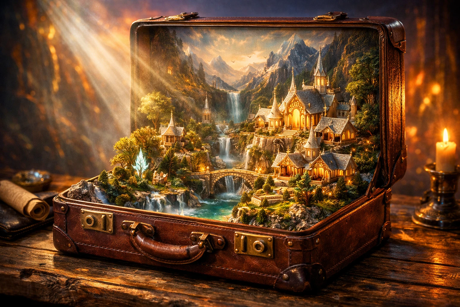 Valise ouverte révélant une minuscule ville fantastique à l’intérieur