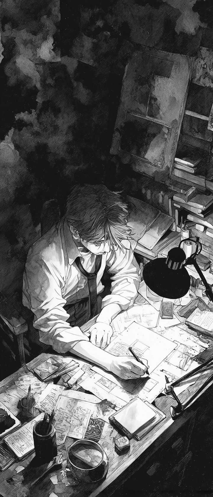 Escritor de anime curvado sobre a mesa enquanto tinta escura o envolve
