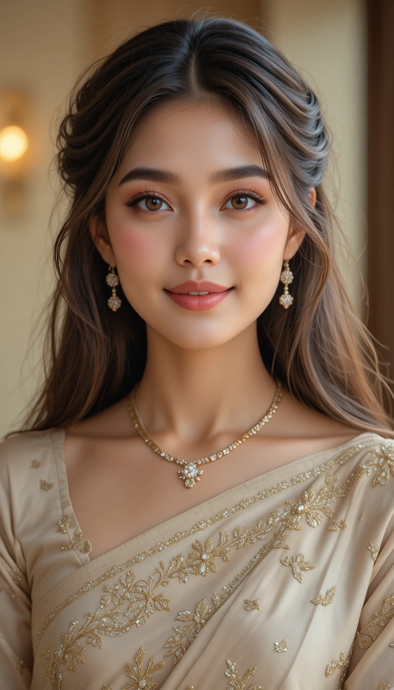 Elegant Indian girl portrait in beige gold saree