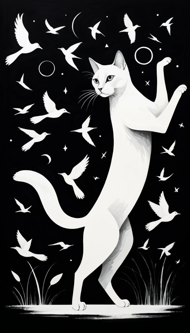 Pintura minimalista de gato siamês alcançando pássaros em voo
