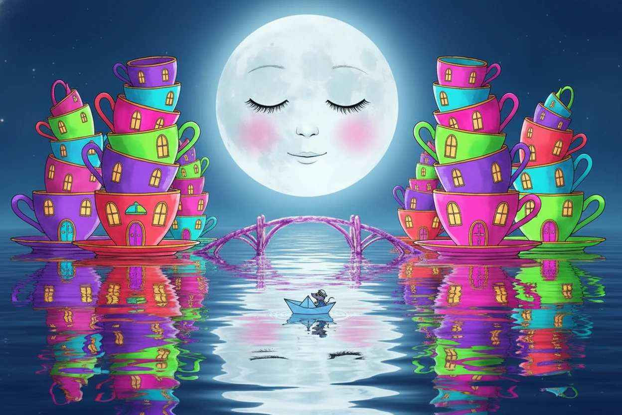 Lua sorridente sobre o Lago de Mercúrio em uma cidade de fantasia neon
