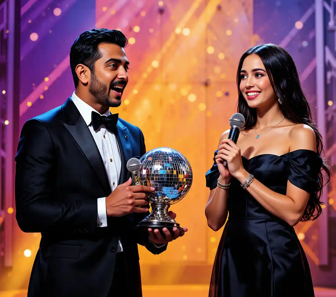 Uomo e donna che festeggiano sul palco con un trofeo a forma di palla da discoteca