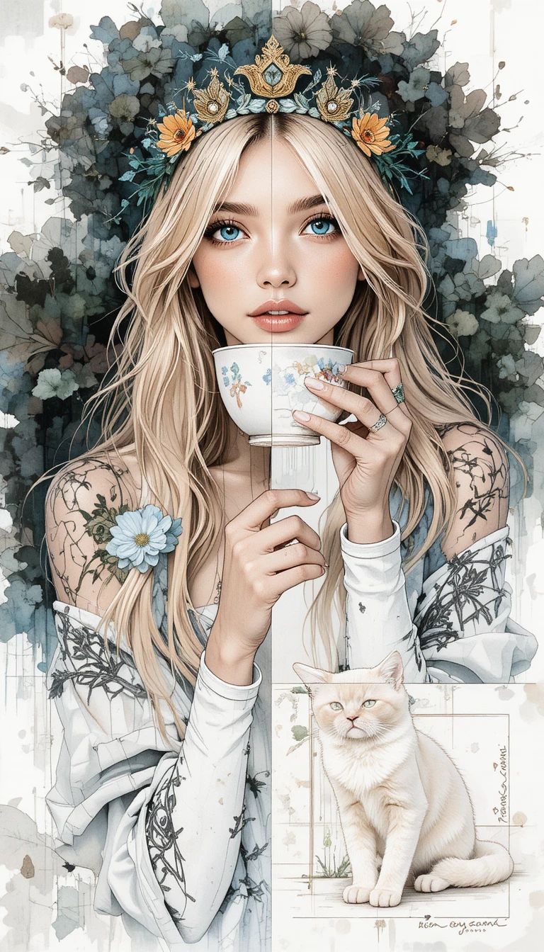 Hippie blonde avec café du matin et chaton blanc tout doux