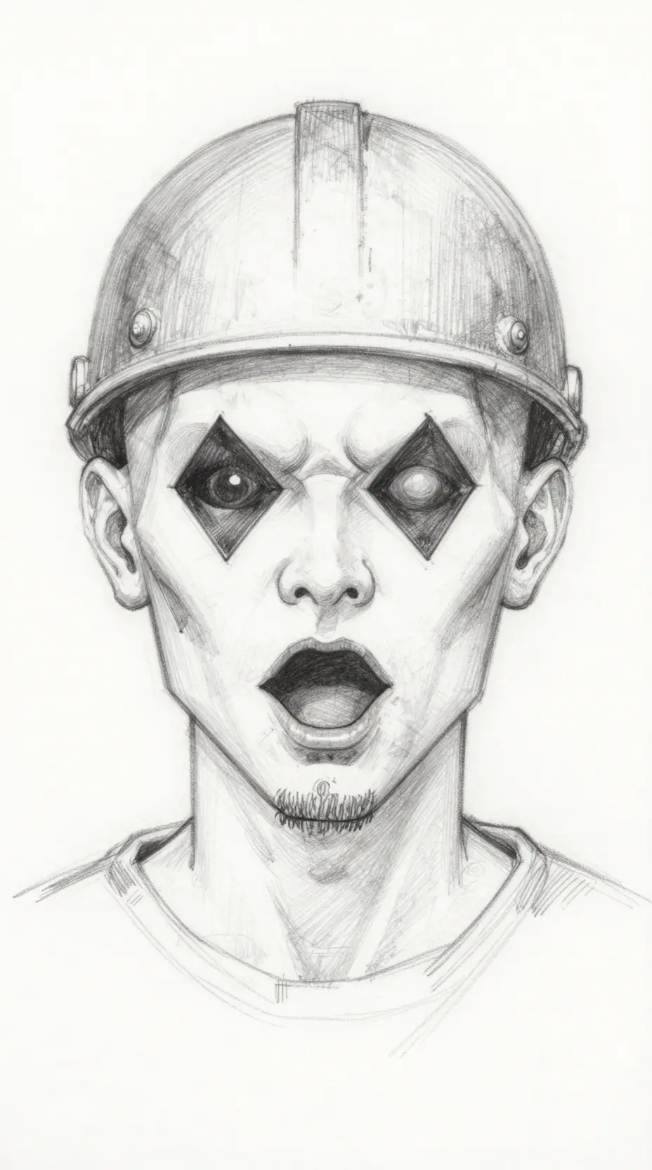 Creepy pencil sketch portrait of a masked bald man