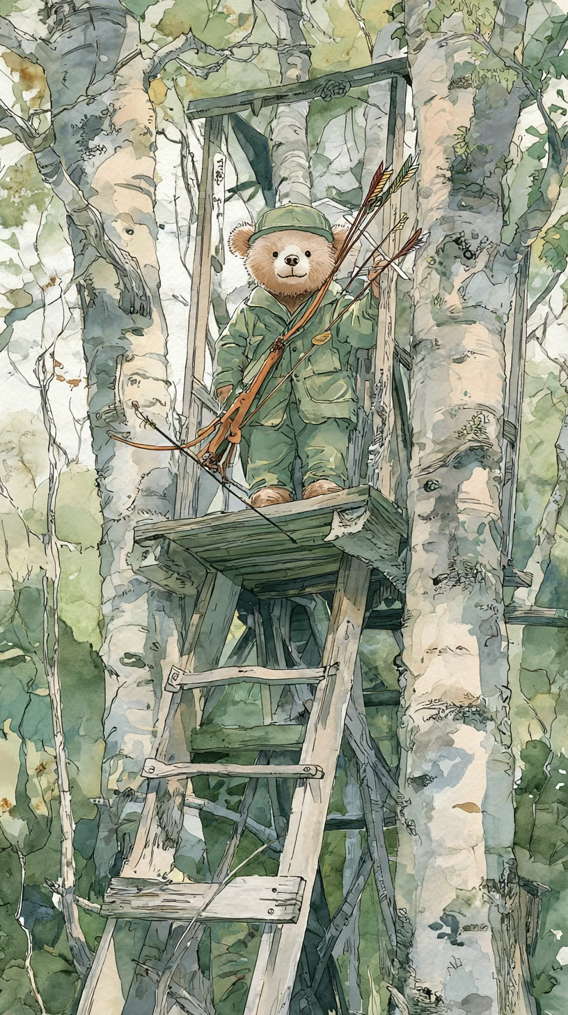 Happy teddy bear hunter in a watercolor birch forest